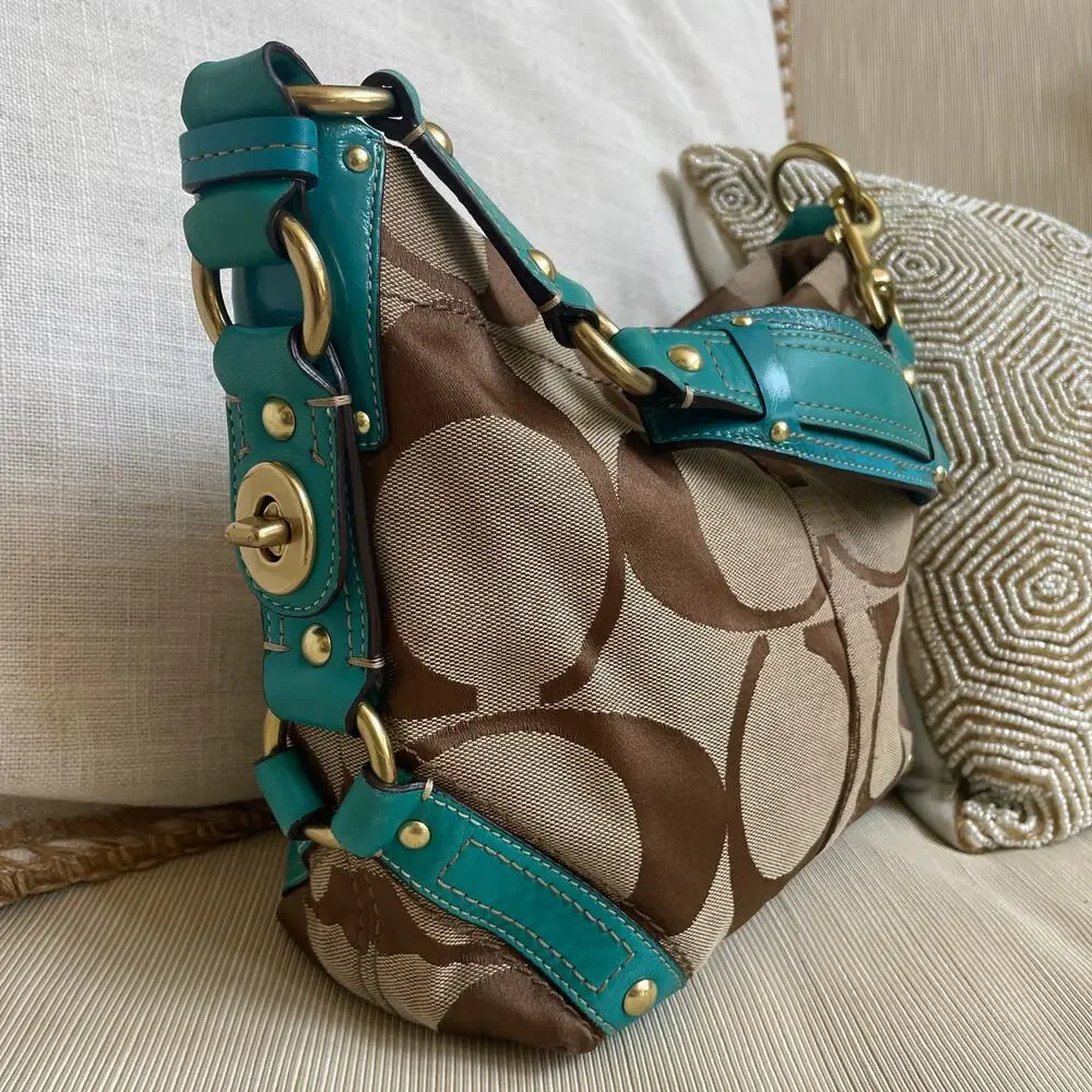 Rare Y2K Coach Carly Small Signature Hobo Bag | Brown, Turquoise Blue, Turnlock